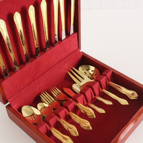 Vintage Gold Flatware Set Service for 8 - Gold Tone Stainless Steel - Spoons Forks Knives - Goldware Utensils - Gold Silverware