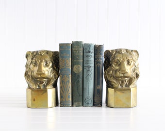 Vintage Brass Lion Bookends, Lion Head Busts, Man Cave Decor, Gifts for Men