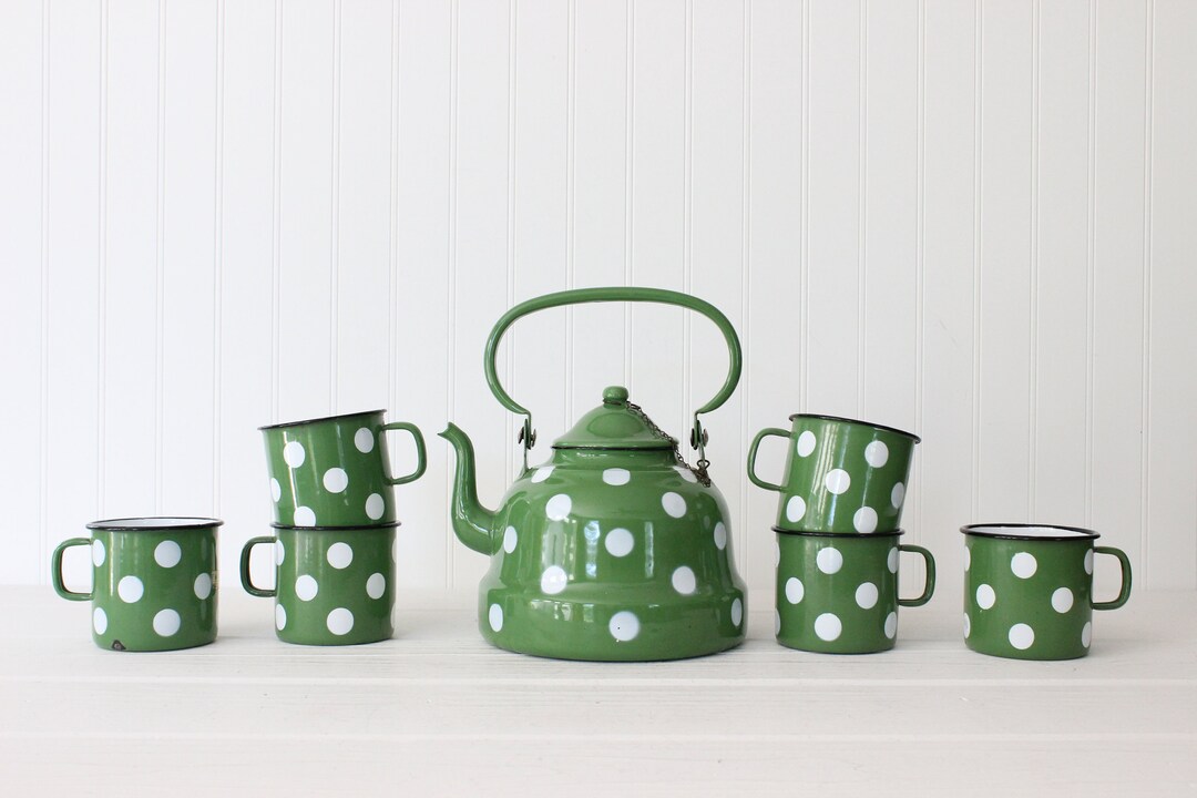 Vintage Green Enamel Polka Dot Teapot Set With Cups, Yugoslavia, Mid
