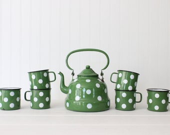 Vintage Green Enamel Polka Dot Teapot Set with Cups, Yugoslavia, Mid Century Modern Tea Kettle, Set of 6 Cups, Cottage Core