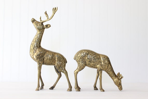 Vintage Large Brass Deer Figurines, Christmas Decor, Buck and Doe