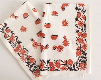 Vintage Red and Brown Flower Linen Tea Towels, Set of Floral Kitchen Hand Towels