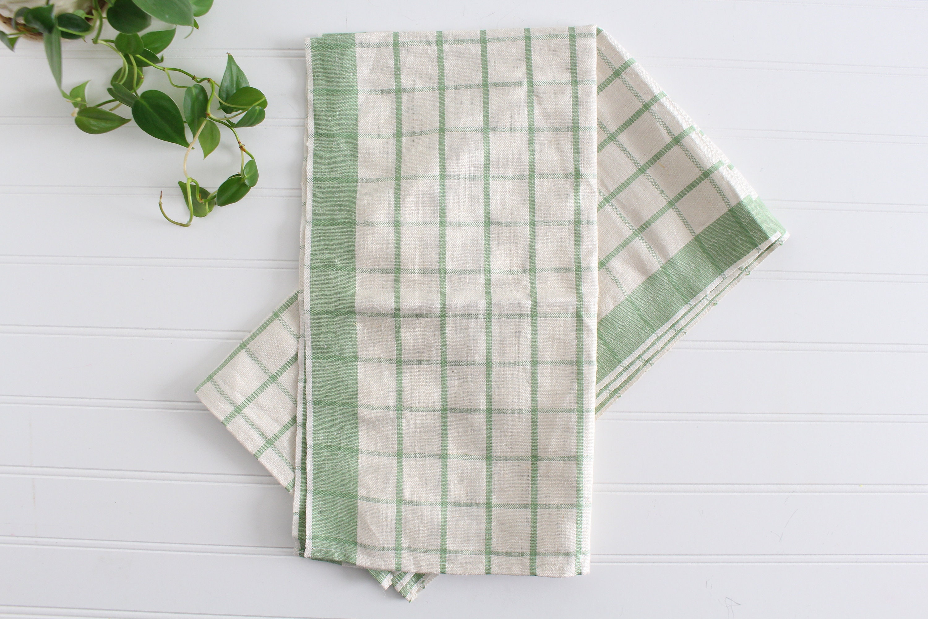 Vintage Green Plaid Kitchen Towels, Green White Checkered Linen