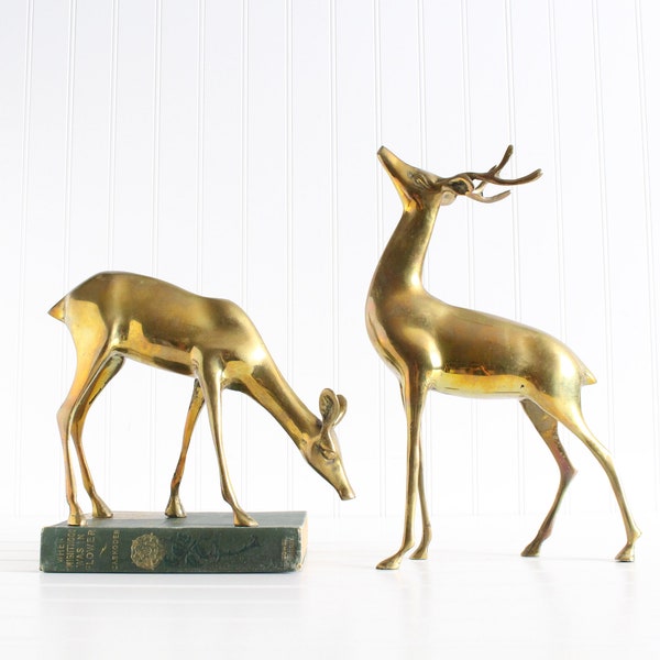 Vintage Large Brass Deer Figurines, Christmas Decor, Buck and Doe Set