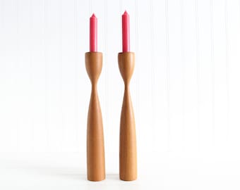 Pair of Mid Century Modern 1960s Tulip Wood Candle Holders, Danish Denmark, Teak or Walnut, Lathe Handmade, Turned, Large