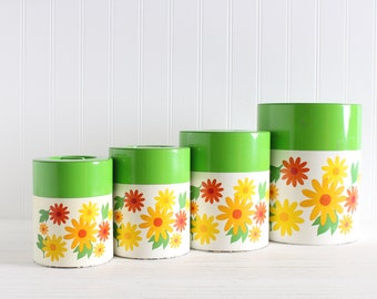 Vintage Yellow Flower Kitchen Canisters, Green Floral Containers Jars, 1960s 1970s Mid Century Modern