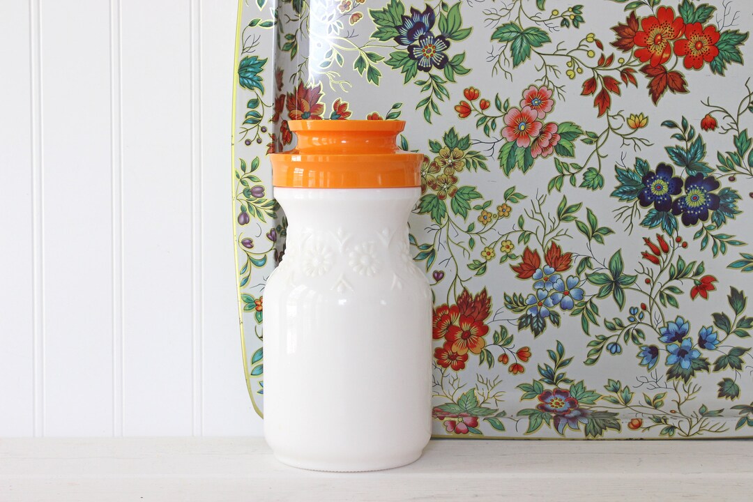 Vintage Floral Milk Glass Carafe With Orange Lid, Orange Juice Carafe, Pitcher Etsy