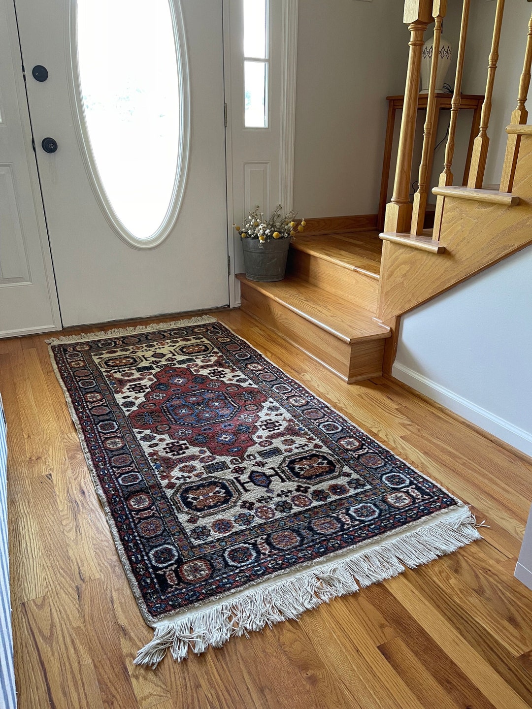 Wool Entry Rug Vintage Red and Blue Wool Turkish Runner Rug, Cream Maroon Blue Woolen ...