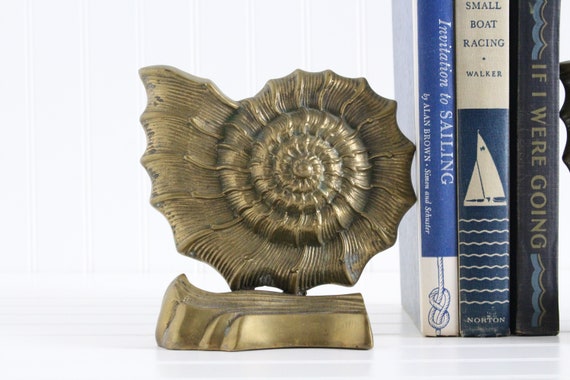 Vintage Brass Seashell Bookends, Nautilus Shell Bookends, Nautical