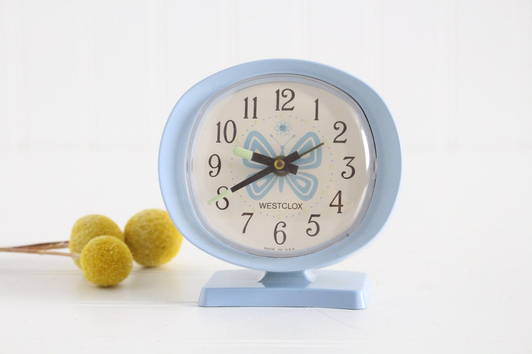 Vintage Westclox Blue Butterfly Alarm Clock, Mechanical Wind up Clock