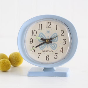 Vintage Westclox Blue Butterfly Alarm Clock, Mechanical Wind up Clock