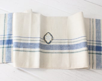 Vintage Blue and White Plaid Stripe Tablecloth, Pure Irish Linen, Square Farmhouse Table Linens, French Country