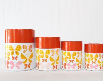 Vintage Butterfly Kitchen Canisters, Orange Pink Kitchen Containers Jars, 1960s 1970s Mid Century Modern, Butterflies