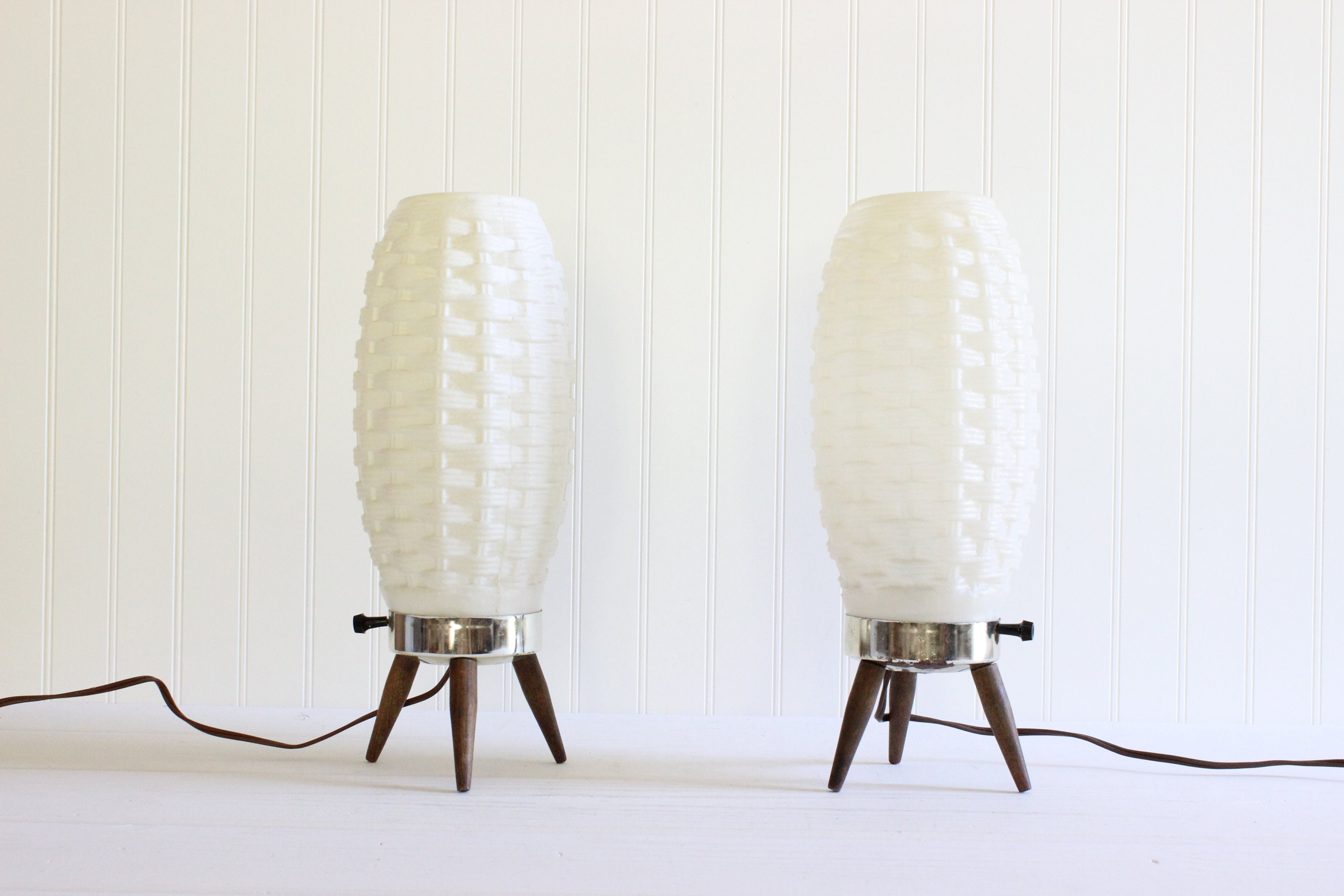 Authentic Pair of Mid Century Modern White Beehive Lamps
