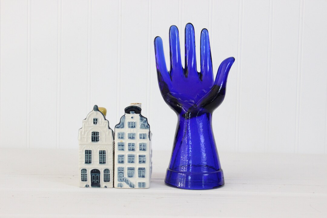 Vintage Blue Glass Hand Jewelry Display Ring Holder Store Etsy