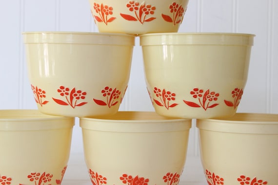 Vintage Margarine Bowls, Set of Plastic Margarine Tubs, Red Flower Bowl Set,  Mid Century Kitchen 