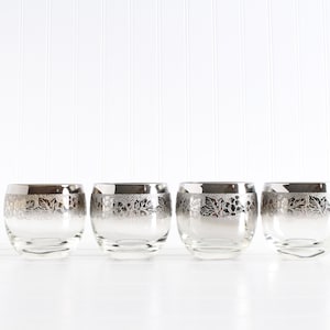 Vintage Roly Poly Glasses, Silver Ombré Roly Poly Glasses, Set of 4 Mid Century Glassware, Grapevine Leaf Embossed, Dorothy Thorpe
