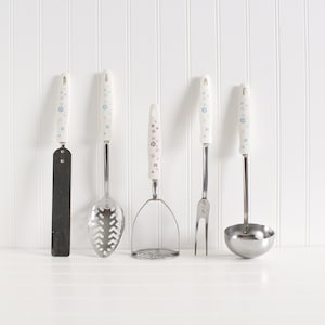 Vintage Serving Utensils Set, Soup Ladle, Spatula, Piercing Fork, Slotted Spoon, Serving Spoon