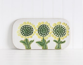 Vintage Sunflower Ceramic Trivet, Bennington Pottery Floral Hot Plate Holder, Stoneware Pot Holder, Yellow Flowers