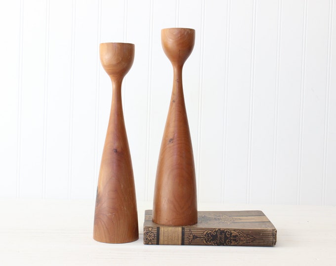Mid Century Modern Wood Candle Holders, Lathe Handmade, Turned, Large