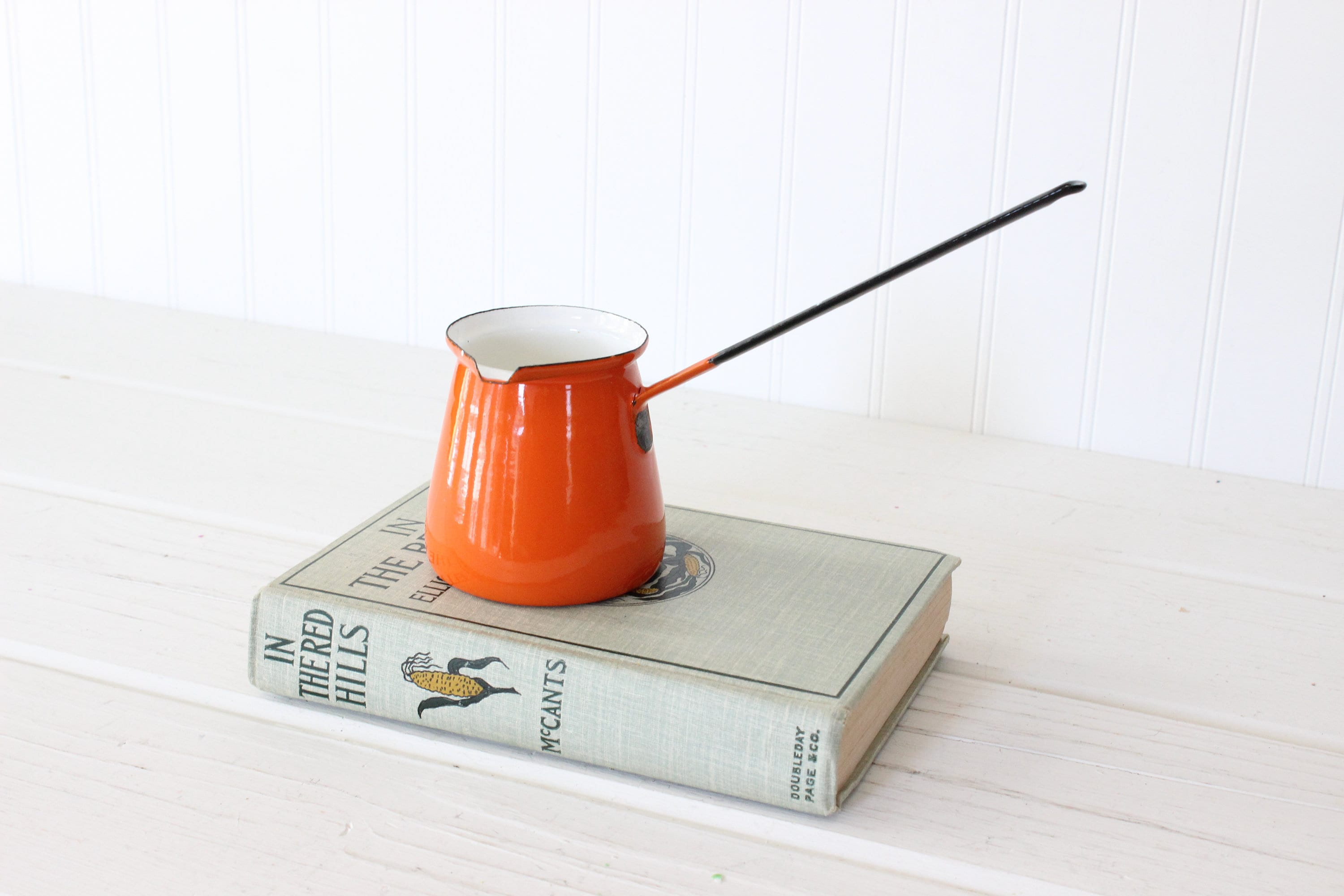Rustic, Enamel, Bright Orange and White, Long Handled Butter Melter,  Kitchen Decor, Wall Hanging, Rustic Kitchen Tool 
