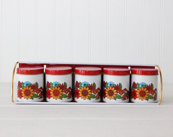 Vintage Floral Tin Spice Rack, Flower Power Canisters, Hanging Shelf, Red Yellow Sunflower, Supplies Organization Storage, Set of 5