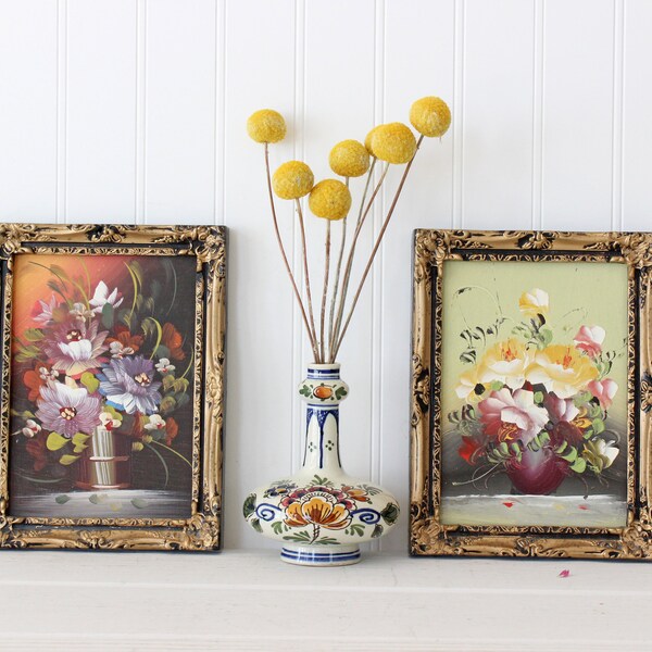 Pair of Small Vintage Floral Still Life Paintings, Framed Bouquet of Flowers in a Vase, Original Oil, Miniatures