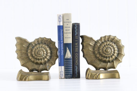 Vintage Brass Seashell Bookends, Nautilus Shell Bookends, Nautical