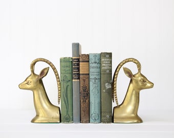 Vintage Brass Ibex Bookends, Gazelle, Mid Century Modern Bookshelf