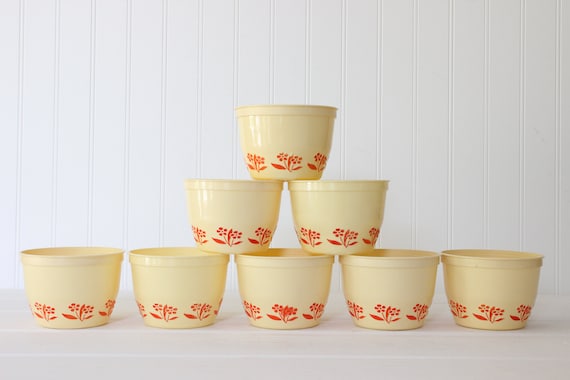 Vintage Margarine Bowls, Set of Plastic Margarine Tubs, Red Flower Bowl Set,  Mid Century Kitchen 