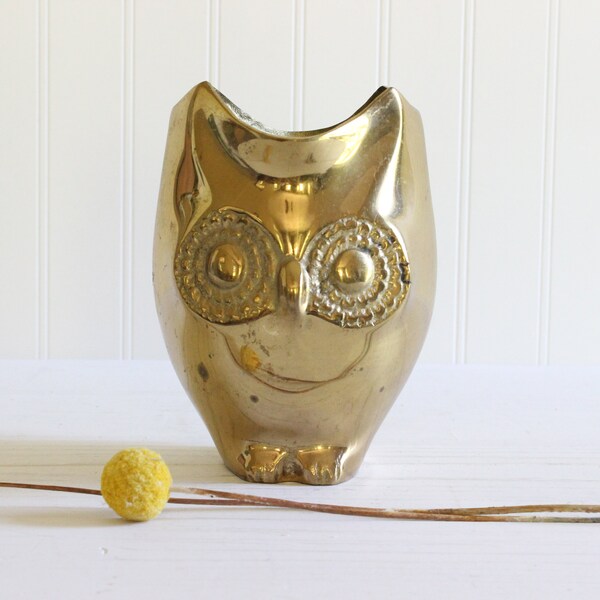 Vintage Brass Owl Vase, Brass Owl Flower Vase, Mid Century Modern Owl Planter, Two Sided Face Vase