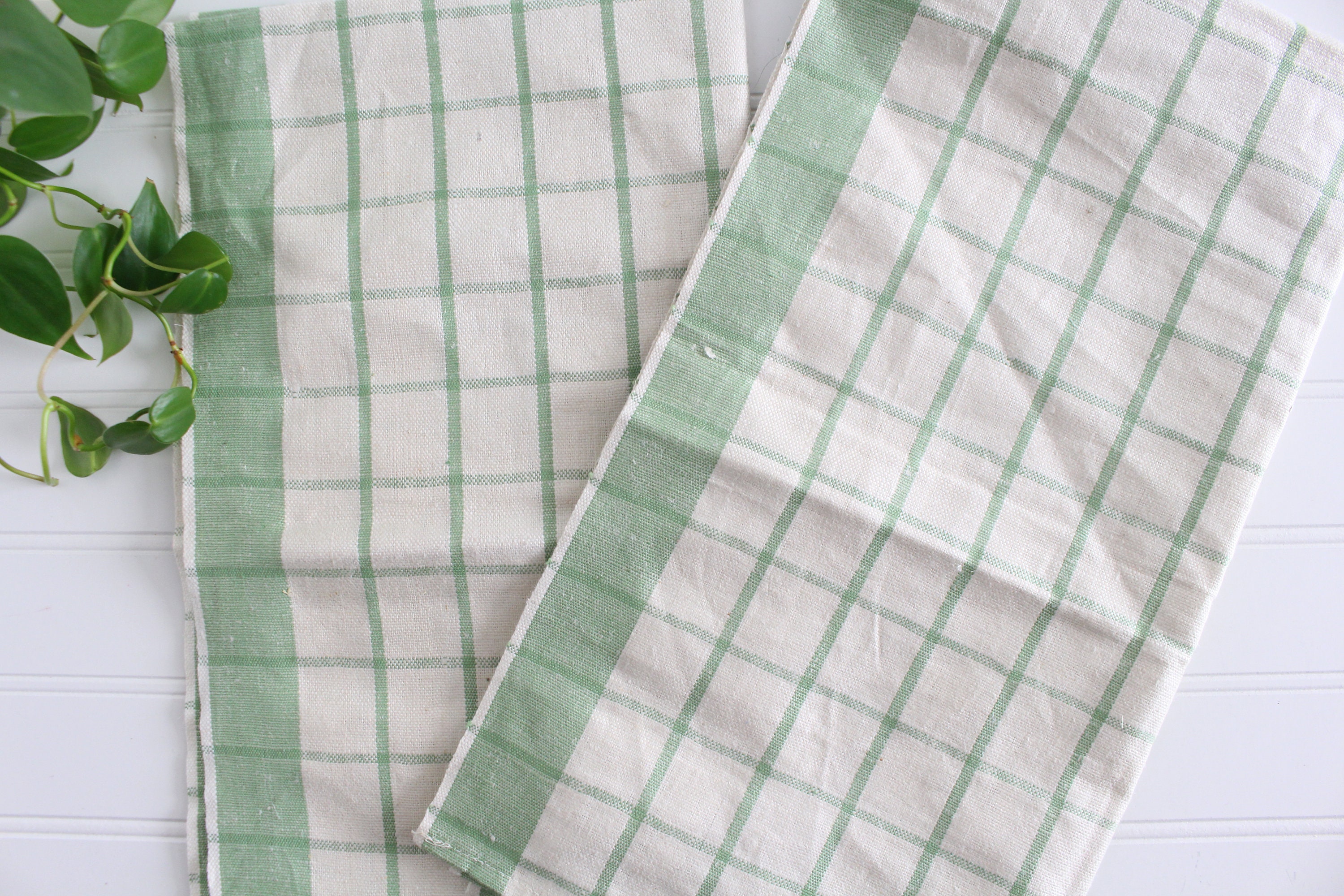 Vintage Green Plaid Kitchen Towels, Green White Checkered Linen