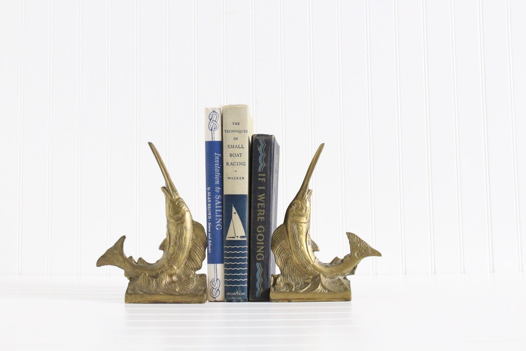 Vintage Brass Swordfish Bookends, Nautical Home Decor, Gifts for