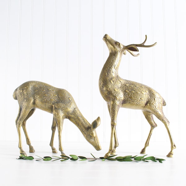 Vintage Large Brass Deer Figurines, Christmas Decor, Buck and Doe Set, Pair of Brass Deer