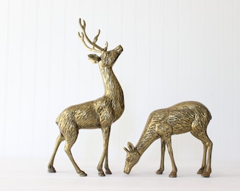 Vintage Large Brass Deer Figurines, Christmas Decor, Buck and Doe Set