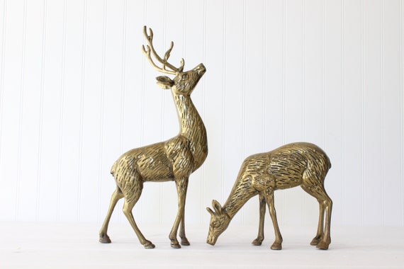 Vintage Large Brass Deer Figurines Christmas Decor Buck and Doe