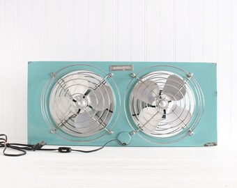 Vintage Eskimo Window Fans, Turquoise, Aqua, Blue, Dual Fan, McGraw Edison Company, Boonville, Missouri, Made in the USA