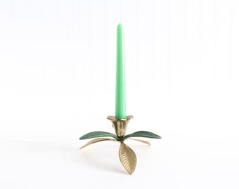 Vintage Brass Flower Candle Holder, Green and Gold Candlestick Holder