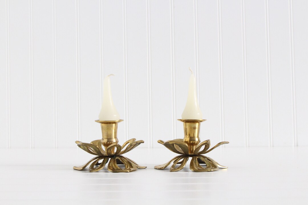 Vintage Brass Flower Candlestick Holders Floral Brass Candle Etsy