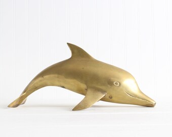 Vintage Large Brass Dolphin Figurine, Nautical Home Decor, Gold Dolphin Statue, Beach House