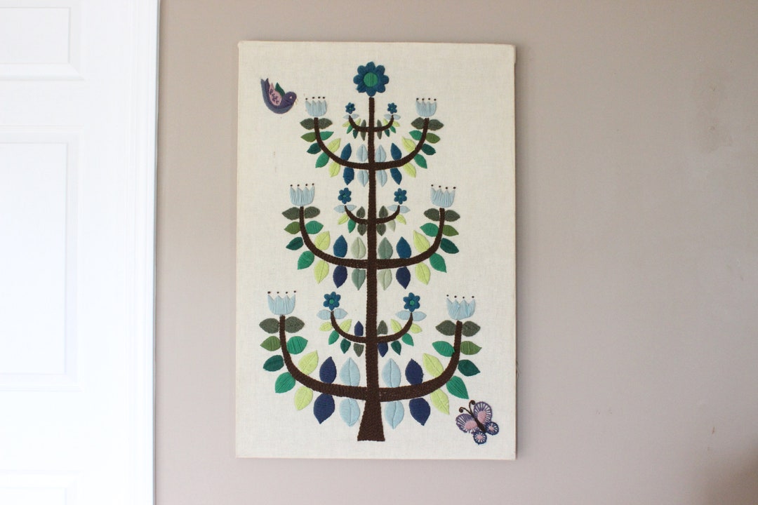 Vintage Blue Tulip Tree Crewel Embroidery, Floral Mid Century, Flower
