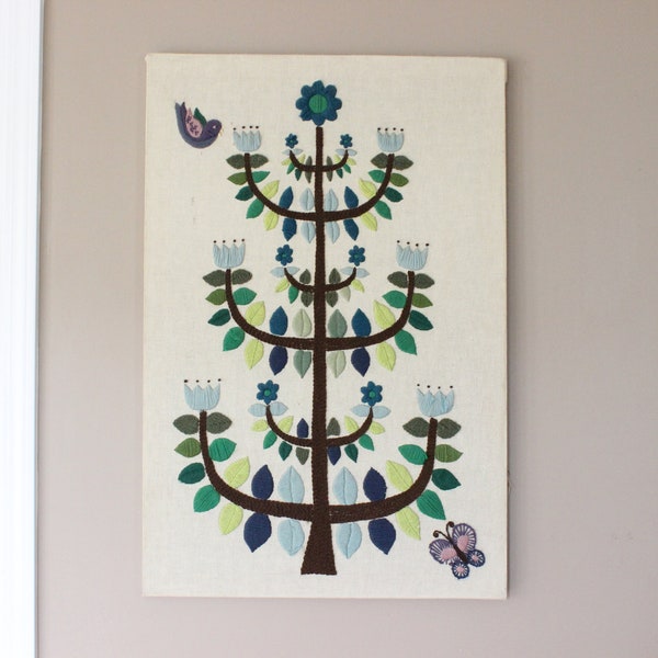 Vintage Blue Tulip Tree Crewel Embroidery, Floral Mid Century, Flower Needlework, Paragon