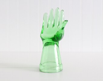 Vintage Green Glass Hand Jewelry Display, Ring Display