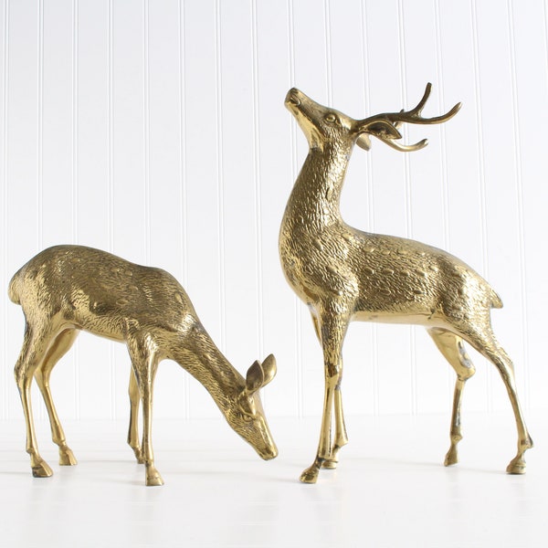 Vintage Large Brass Deer Figurines, Christmas Decor, Buck and Doe Set