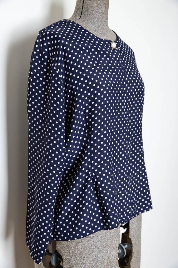 navy and white polka dot blouse