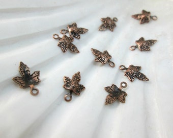 Tiny Antiqued Copper Maple Leaf Charm,  9mm, Small Leaf Charm,  Autumn Leaf, (10)