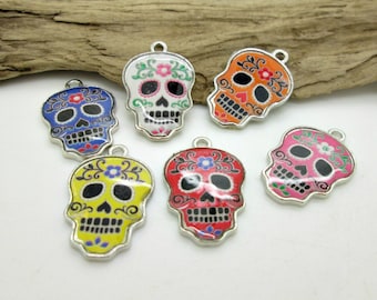 Sugar Skull Charm,  cinco de mayo, Enamel Skull Bead, Halloween Skull, Cinco de Mayo Charm, 25x16mm (1 pr)  See Description for colors