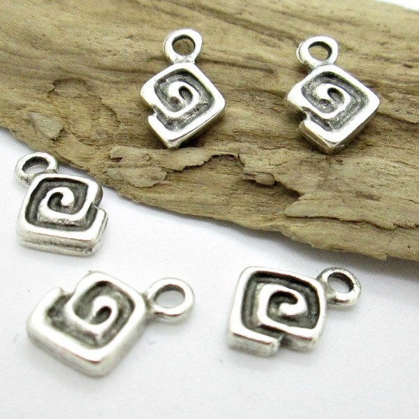 Small Squared Spiral Silver Charm, Mykonos Casting Silver Charm, Tribal Silver Charm, 12x7mm (10)