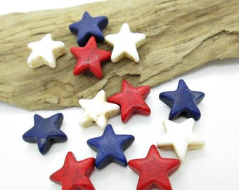 Star Stone Bead, Patriotic Stars, 4th of July Star Beads, Red White Blue Star Beads, Holiday Stars, Assorted Star Beads 12mm (12)