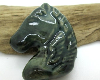Horse Head Porcelain Pendant, Dark Moss Green Horse, 43x35mm (1)